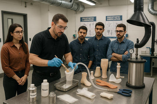 crea una scena di un corso di laminazione di materiali per protesi